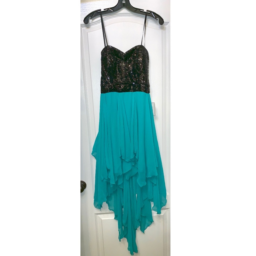 Strapless black & sea foam B. Darlin hi-low dress